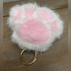 Pink and White Faux Fur Paw Keychain 4 inches wide